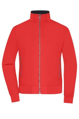 A red ladies blouson jacket with a zip closure and side pockets, featuring a black collar and a logo.