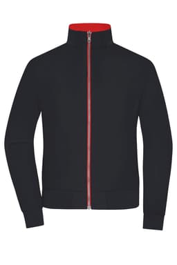 A black zip-up jacket with a red collar and zip, featuring long sleeves and a fitted design. It has a logo.