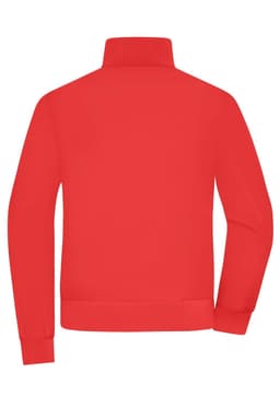 A red ladies blouson jacket with a high collar and ribbed cuff details on the sleeves and hem. It has a logo on the back.