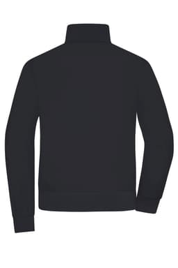 A black ladies blouson jacket featuring a high neck and long sleeves, with a logo on the back.