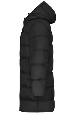 A men's winter long coat in black, featuring a puffer design and a hood, viewed from the side.