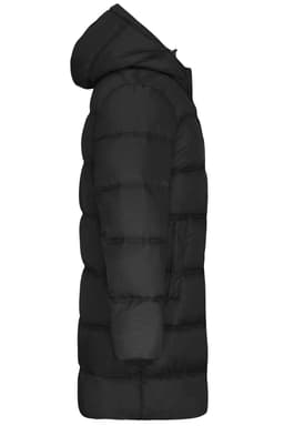 A black men's winter long coat with a puffer design and a hood, featuring a side view.