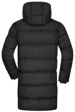 A black puffer jacket with a long design and a hood, featuring horizontal stitching and a logo.
