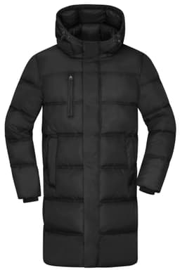 A black men's winter long coat with a hood and multiple pockets. The coat features a quilted design and a zip closure.