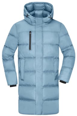A light blue men's long puffer coat with a hood and multiple pockets, featuring a zipper and elastic cuffs.