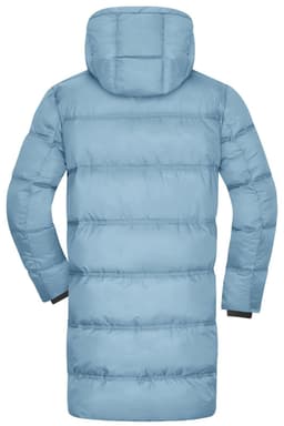 A light blue men's winter long puffer coat featuring a hood and a sleek, padded design. It has a logo on the back.