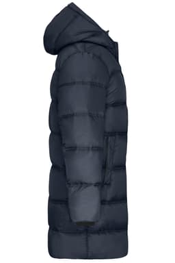 A long navy puffer jacket with a hood, featuring a vertical seam design and a side pocket.