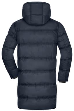 A navy men's winter long coat with a hood and puffer design, featuring a quilted pattern and no visible branding.