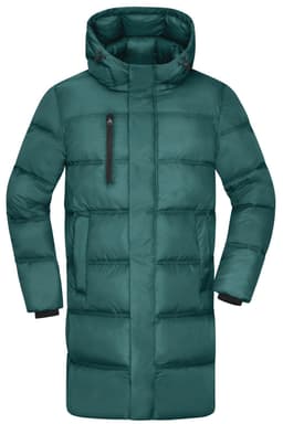 A teal men's long puffer coat with a hood, featuring a zippered pocket and a padded design.