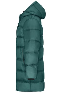 A men's winter long coat in a deep green colour, featuring a hood and a puffer design. Includes a logo on the garment.