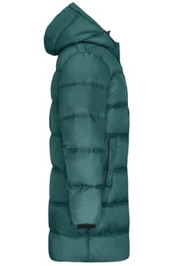 A men's winter long coat in a deep green colour, featuring a hood and puffer jacket style with visible quilting.