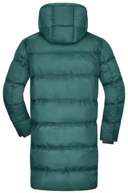 A men's winter long coat in a deep teal colour with a puffer design and a hood. Features a logo on the back.