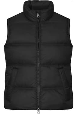 A black ladies winter vest with a high collar, zip front, and two front pockets. It features a branding logo.