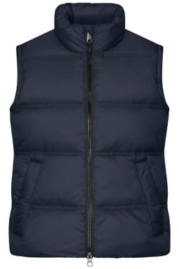 A navy puffer vest featuring a high collar and two front pockets, with a zip closure and a logo.