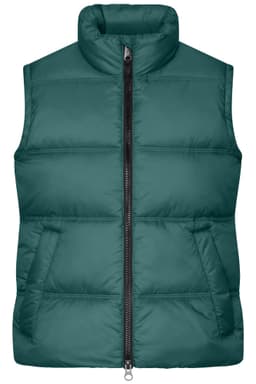 A green ladies winter vest with a high collar, zip front, and two front pockets. It features a logo on the chest.
