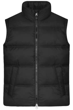 A black puffer vest with a high collar, featuring a front zip and two pockets. It has a logo on the side.