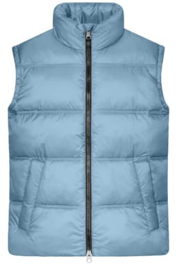 A light blue men's winter vest with a zip front and two side pockets, featuring a collar and puffer style.