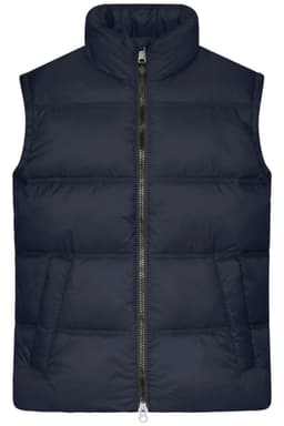 A navy men's winter vest with a high collar, front zipper, and two side pockets. Features minimal branding.