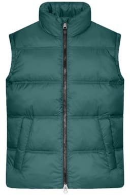 A green men's winter vest with a high collar and a front zipper, featuring two side pockets and no sleeves.