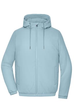 A light blue ladies bomber jacket with a hood and drawstrings, featuring a logo on one side.