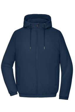 A navy blue ladies bomber jacket with a hood and zip closure, featuring a logo on the front.