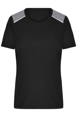 A black ladies running T-shirt featuring grey accents on the shoulders. The shirt has a simple design and a logo.