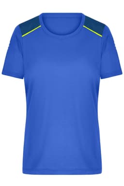 A ladies running T-shirt in vibrant blue with dark blue and neon accents on the shoulders. Features a logo.