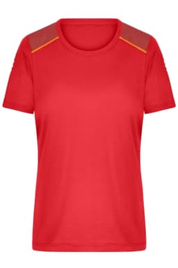 A red ladies running T-shirt with short sleeves and orange detailing on the shoulders. It features a logo.