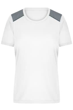 A white ladies' running T-shirt featuring grey shoulder panels and a simple design. It has a logo on one side.