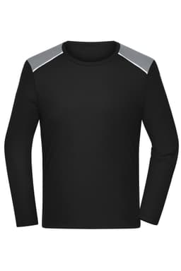 A long-sleeve men's running shirt in black with grey accents on the shoulders. Features a logo on the design.