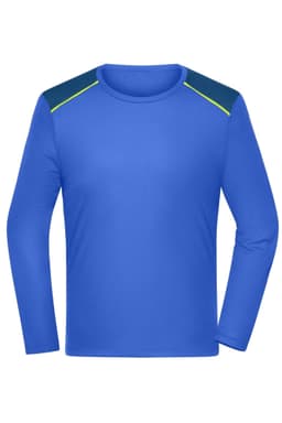 A long-sleeve men's running shirt in blue with dark blue shoulder accents and bright green detailing.