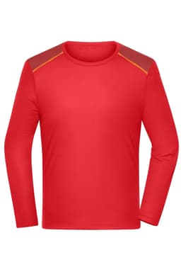 A long-sleeve men's running shirt in vibrant red with contrasting shoulder accents. It features a logo on the front.