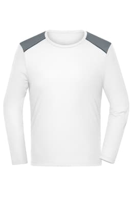 A long-sleeve men's running shirt in white with grey shoulder accents and a logo.