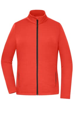 A red polar fleece jacket featuring a zippered front and a high collar, with two side pockets and a logo.