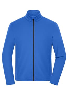 A blue structured fleece jacket with a high collar and front zip, featuring a logo.