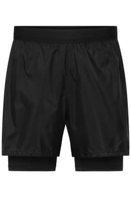 Black men's running shorts featuring an inner layer and an elastic waistband. Includes a branding logo.