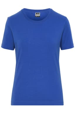 A blue ladies' t-shirt with a round neckline and short sleeves. It features a logo on the label.