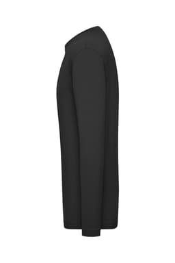 A long-sleeved black t-shirt, featuring a sleek design and a logo on the side.