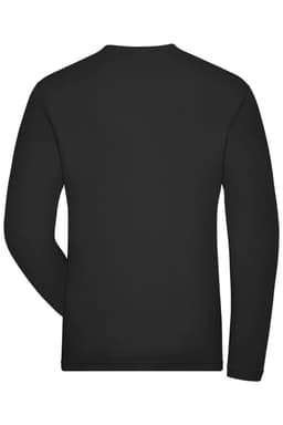 A black long-sleeved men's T-shirt with a plain back and a logo.