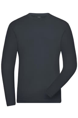 A black long-sleeve t-shirt with a round neck and a simple design. Features a logo on the label.
