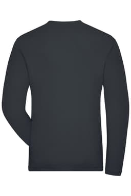 A black long-sleeved t-shirt featuring a round neck and a logo on the back.