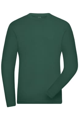 A long-sleeved, dark green t-shirt with a plain design, featuring a logo on the chest area.