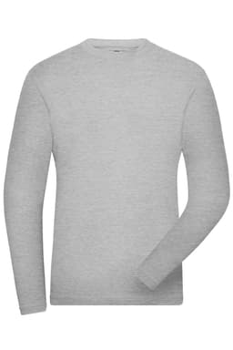 A grey long-sleeve t-shirt with a crew neck and a logo on the chest area.
