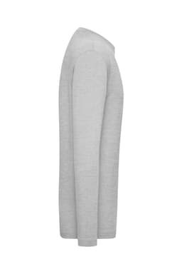 A men's long-sleeved t-shirt in grey, featuring a smooth fabric and a side view design. It has a logo.