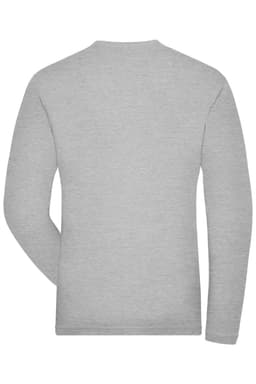 A grey long-sleeve t-shirt featuring a plain back design and a subtle branding logo.