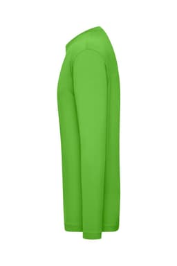 A bright green long-sleeve T-shirt with a fitted design and a logo on the front.