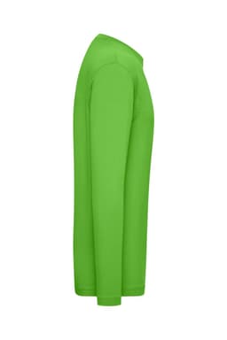 A long-sleeved t-shirt in bright green, featuring a logo on the side.