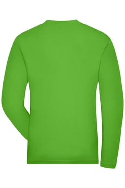 A long-sleeved men's T-shirt in bright green, featuring a simple design and a logo on the back.