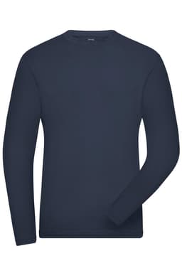 A long-sleeved navy blue t-shirt with a fitted style, featuring a branding logo on the label.