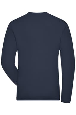 A long-sleeve navy t-shirt featuring a plain back design and a branding logo.